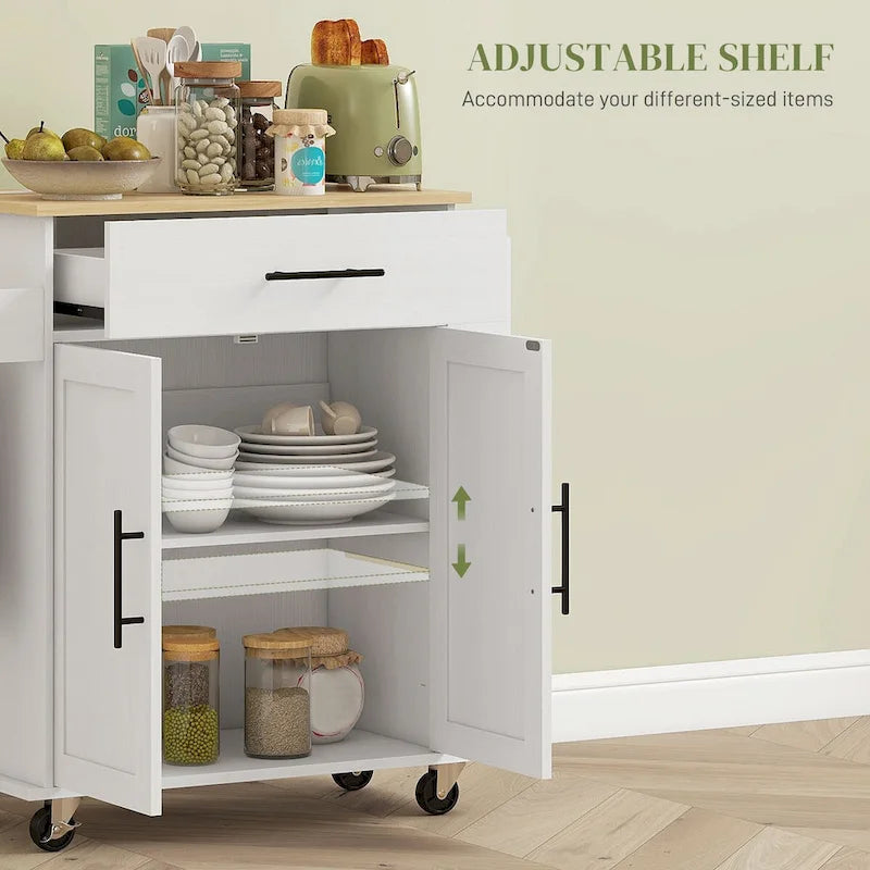 Rolling Kitchen Cart with Storage Drawer Cabinet AC Outlets USB Ports Black