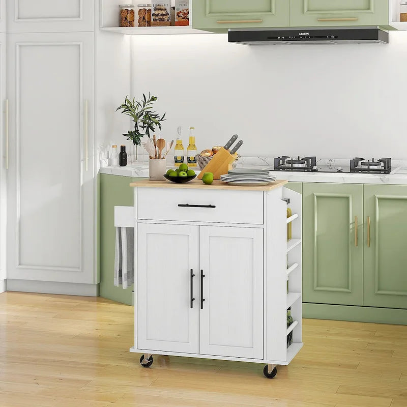 Rolling Kitchen Cart with Storage Drawer Cabinet AC Outlets USB Ports Black
