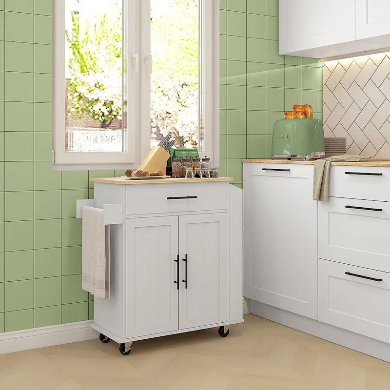 Rolling Kitchen Cart with Storage Drawer Cabinet AC Outlets USB Ports Black