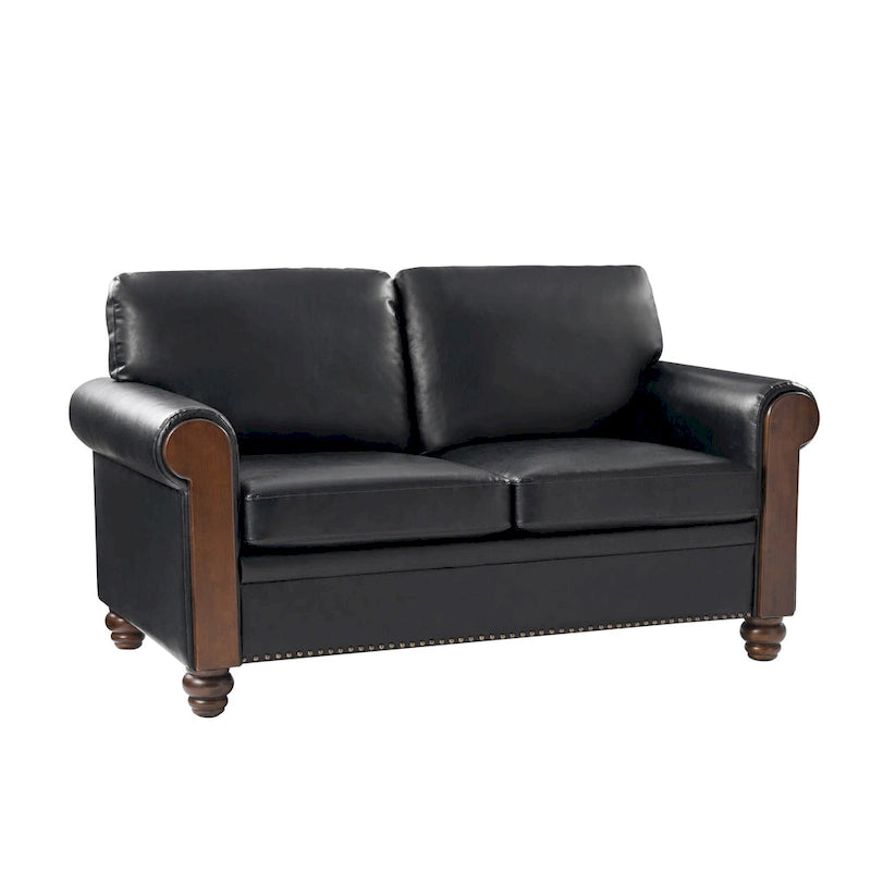 Transitional Faux Leather Loveseat with Nailhead Trim and Solid Wood Legs