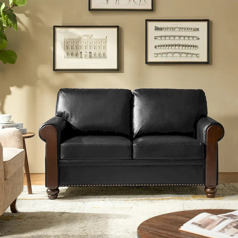 Transitional Faux Leather Loveseat with Nailhead Trim and Solid Wood Legs