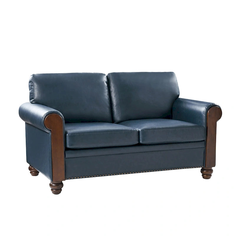 Transitional Faux Leather Loveseat with Nailhead Trim and Solid Wood Legs