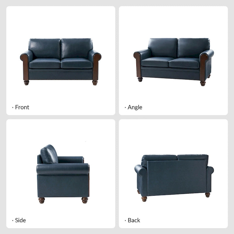 Transitional Faux Leather Loveseat with Nailhead Trim and Solid Wood Legs
