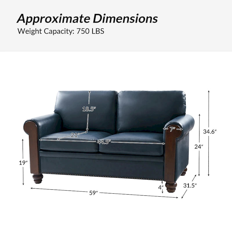 Transitional Faux Leather Loveseat with Nailhead Trim and Solid Wood Legs
