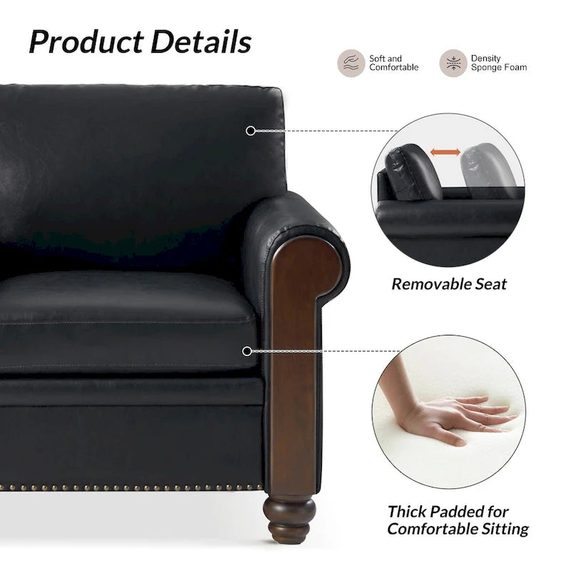Transitional Faux Leather Loveseat with Nailhead Trim and Solid Wood Legs