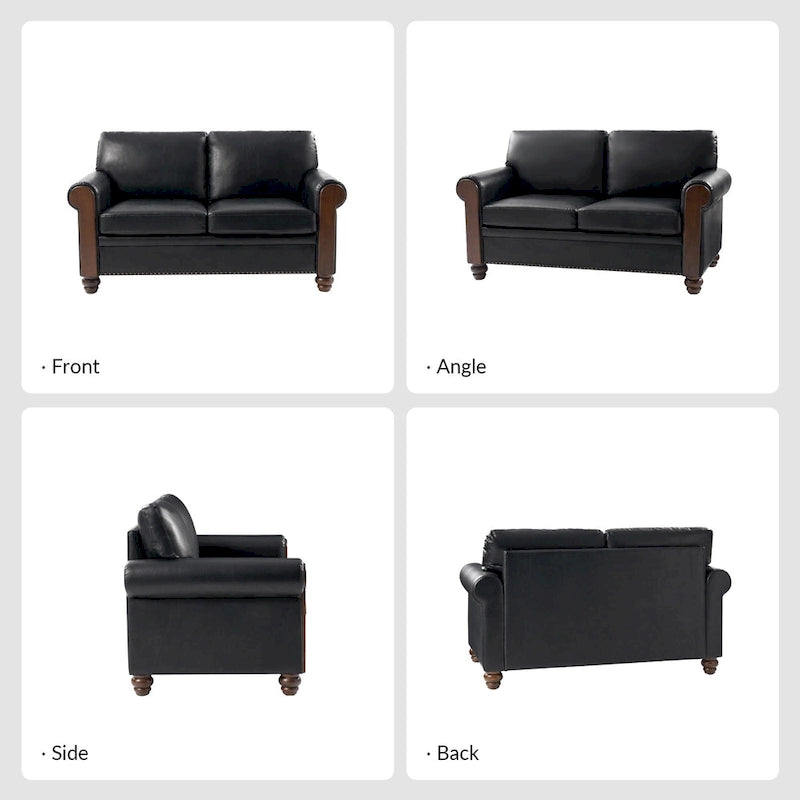 Transitional Faux Leather Loveseat with Nailhead Trim and Solid Wood Legs