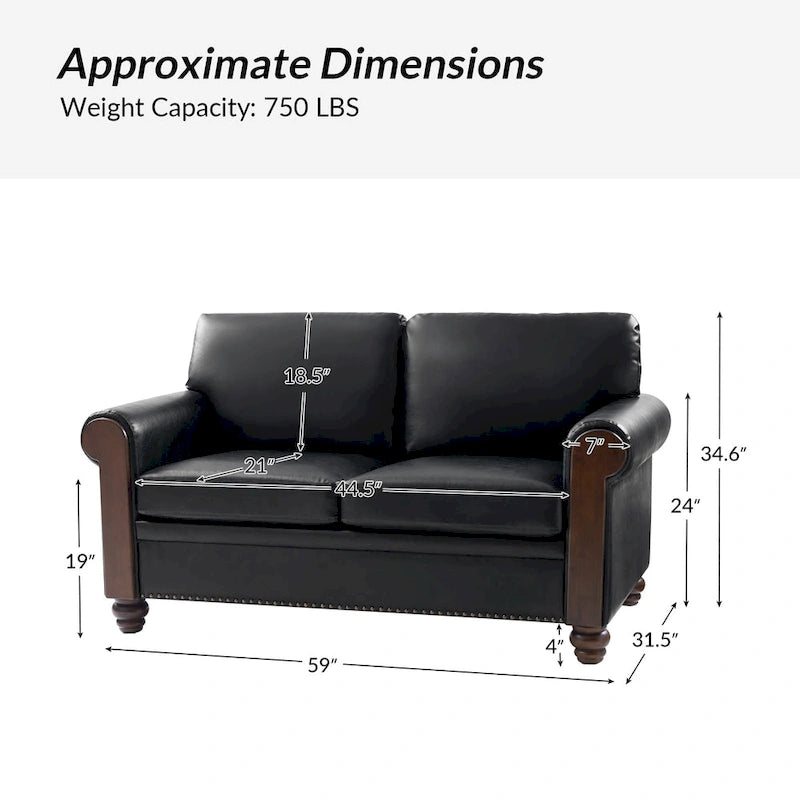 Transitional Faux Leather Loveseat with Nailhead Trim and Solid Wood Legs