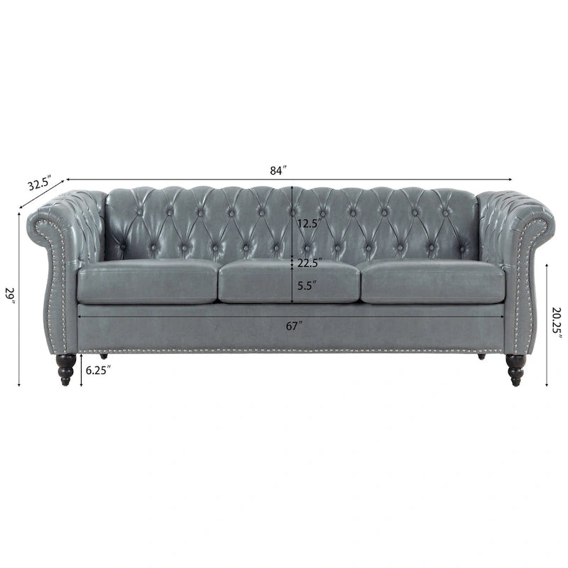 Divano Chesterfield a 3 posti con braccioli arrotolati