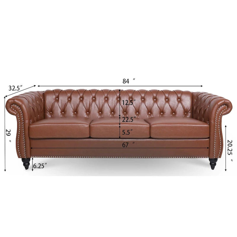 Divano Chesterfield a 3 posti con braccioli arrotolati