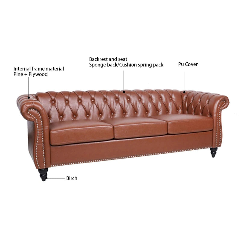 Divano Chesterfield a 3 posti con braccioli arrotolati