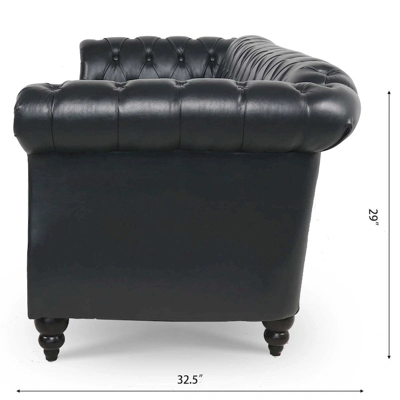 Divano Chesterfield a 3 posti con braccioli arrotolati