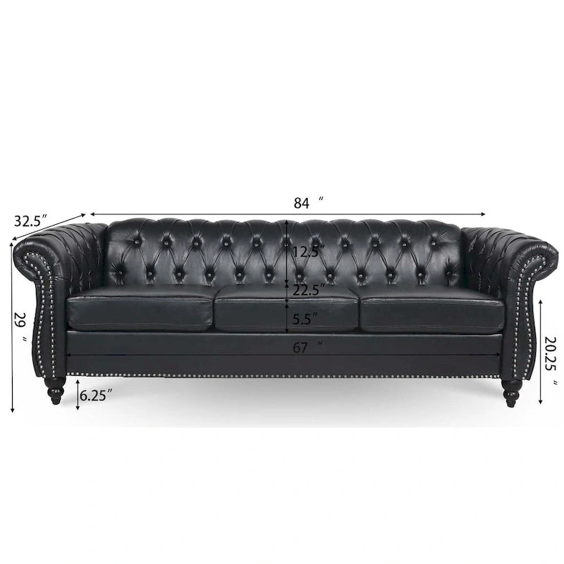 Divano Chesterfield a 3 posti con braccioli arrotolati