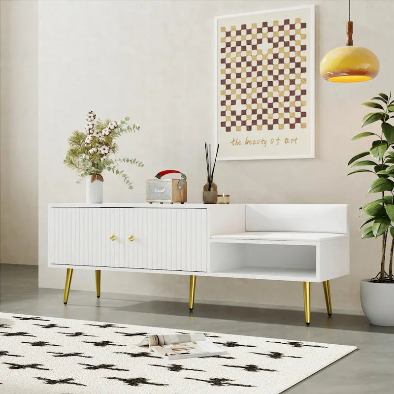 Upholstered Shoe Storage Bench with Double Door Cabinet and Open Shelf