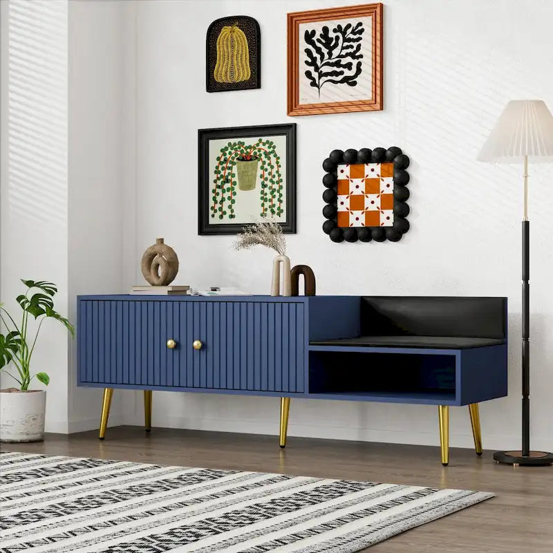 Upholstered Shoe Storage Bench with Double Door Cabinet and Open Shelf