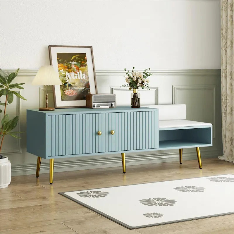 Upholstered Shoe Storage Bench with Double Door Cabinet and Open Shelf