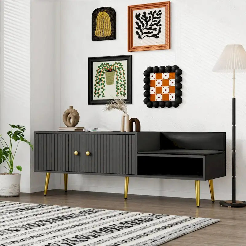 Upholstered Shoe Storage Bench with Double Door Cabinet and Open Shelf