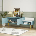 Upholstered Shoe Storage Bench with Double Door Cabinet and Open Shelf