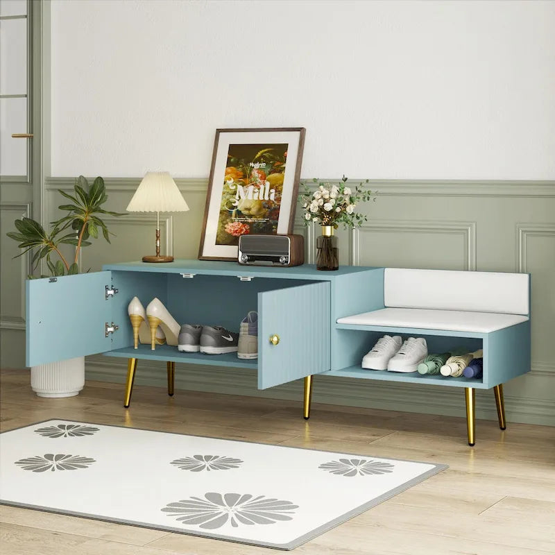 Upholstered Shoe Storage Bench with Double Door Cabinet and Open Shelf