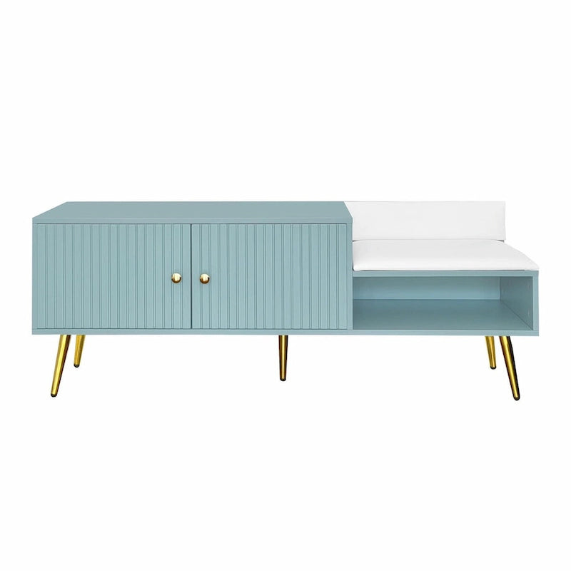Upholstered Shoe Storage Bench with Double Door Cabinet and Open Shelf