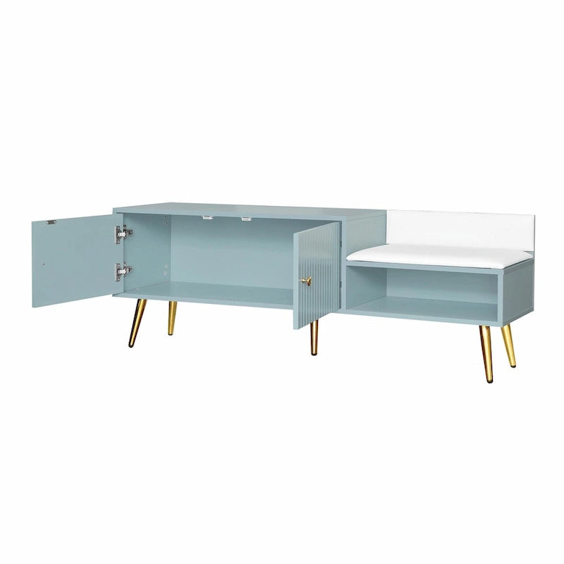 Upholstered Shoe Storage Bench with Double Door Cabinet and Open Shelf
