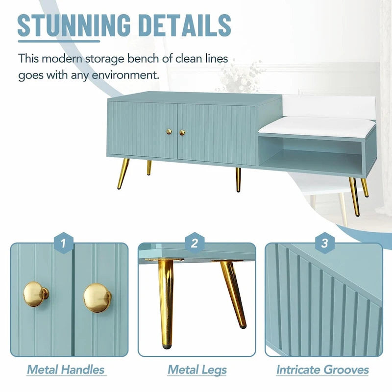 Upholstered Shoe Storage Bench with Double Door Cabinet and Open Shelf
