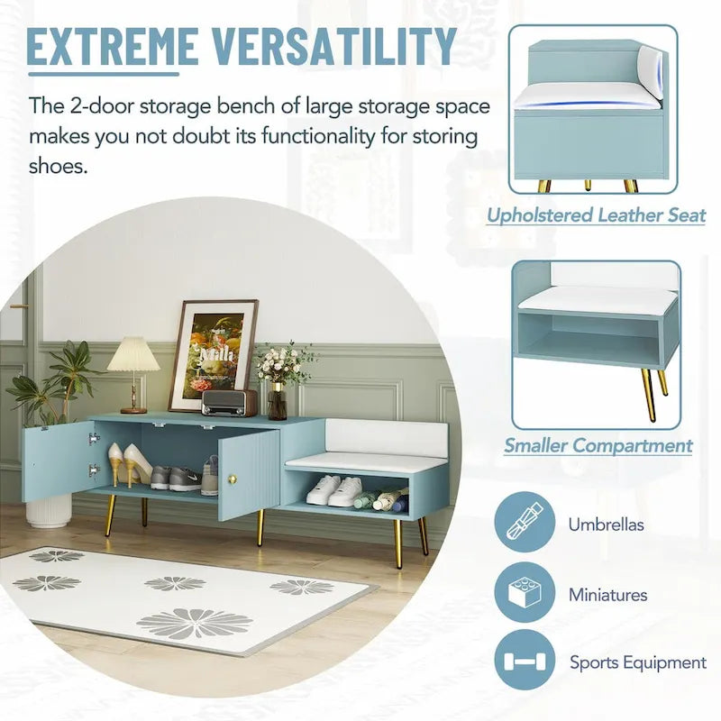 Upholstered Shoe Storage Bench with Double Door Cabinet and Open Shelf