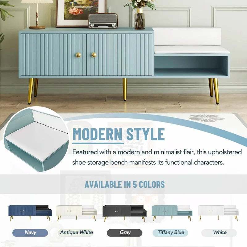 Upholstered Shoe Storage Bench with Double Door Cabinet and Open Shelf