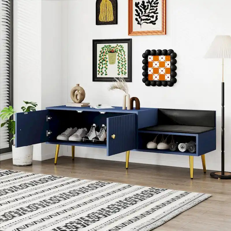 Upholstered Shoe Storage Bench with Double Door Cabinet and Open Shelf