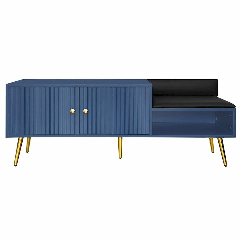 Upholstered Shoe Storage Bench with Double Door Cabinet and Open Shelf