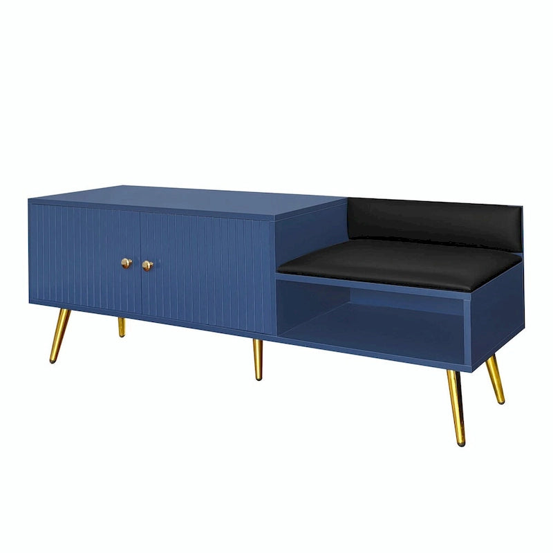 Upholstered Shoe Storage Bench with Double Door Cabinet and Open Shelf