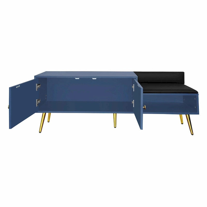 Upholstered Shoe Storage Bench with Double Door Cabinet and Open Shelf