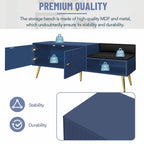 Upholstered Shoe Storage Bench with Double Door Cabinet and Open Shelf