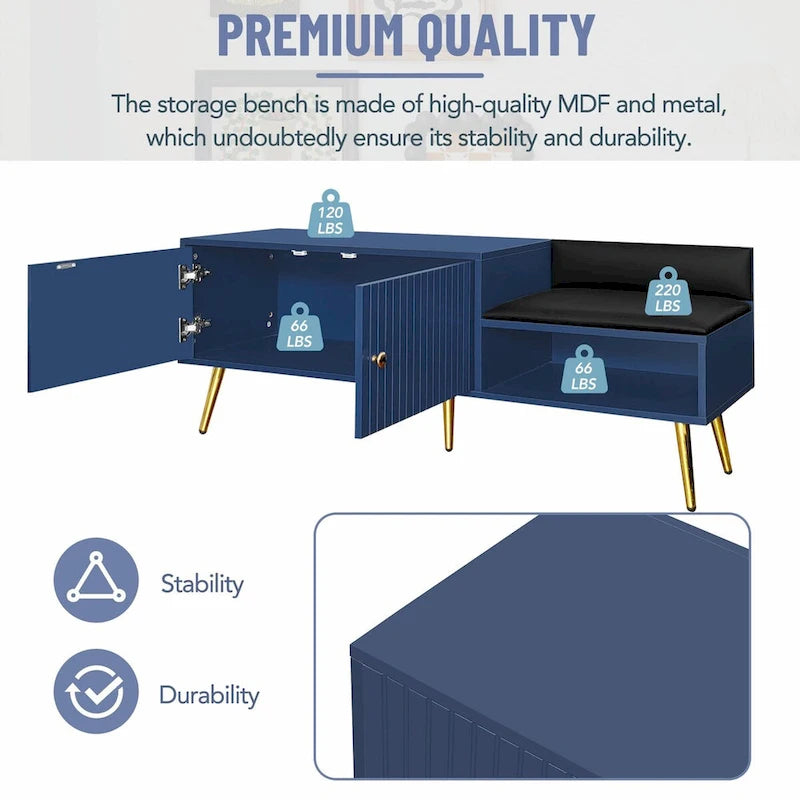 Upholstered Shoe Storage Bench with Double Door Cabinet and Open Shelf