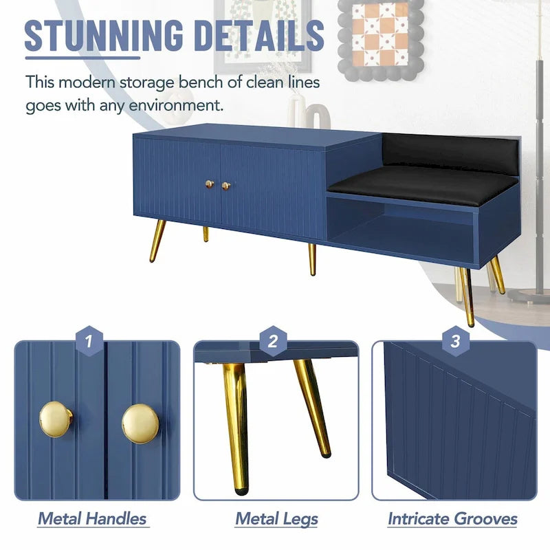 Upholstered Shoe Storage Bench with Double Door Cabinet and Open Shelf