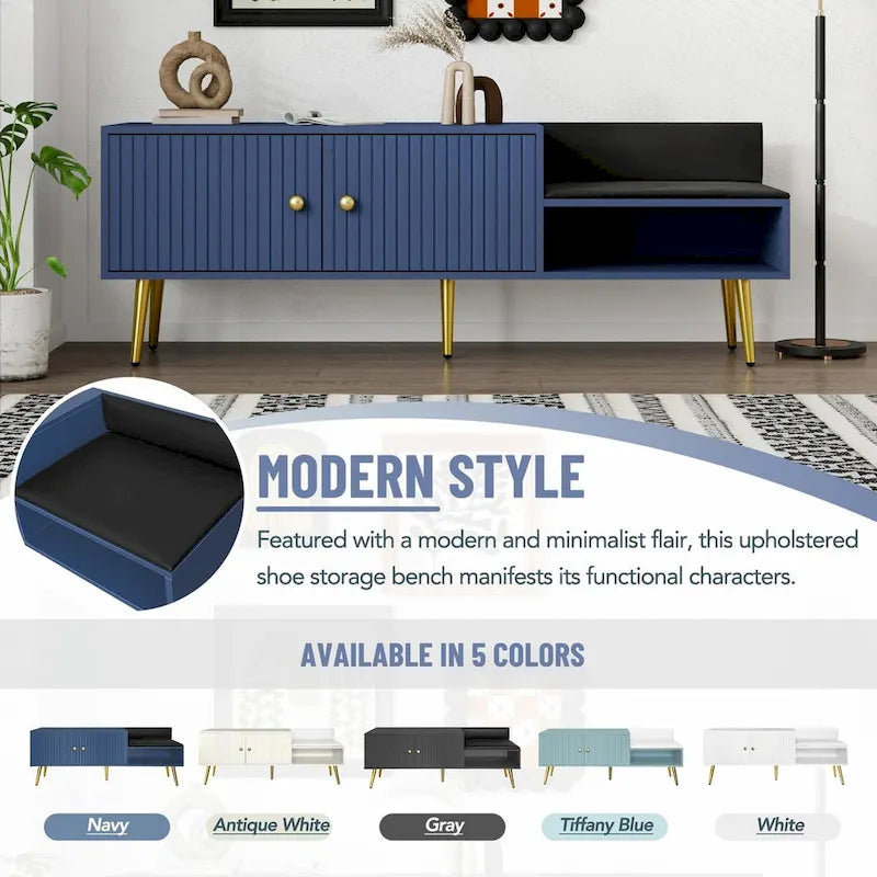Upholstered Shoe Storage Bench with Double Door Cabinet and Open Shelf