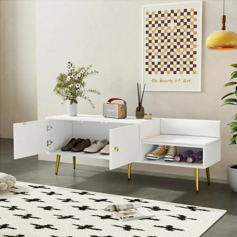 Upholstered Shoe Storage Bench with Double Door Cabinet and Open Shelf