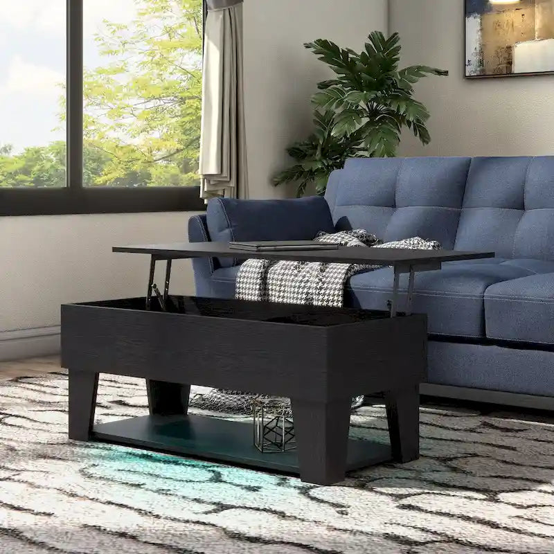 Black Lift-Top Coffee Table with LED Lighting and Hidden Storage Compartment