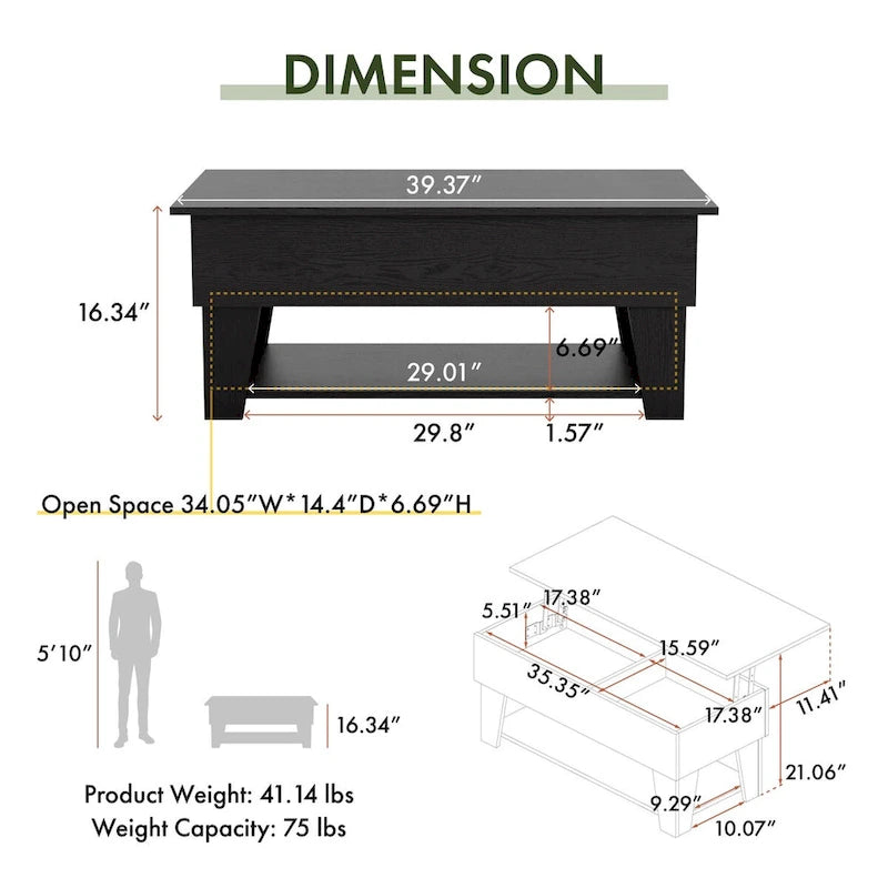 Black Lift-Top Coffee Table with LED Lighting and Hidden Storage Compartment