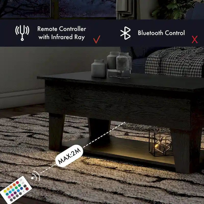 Black Lift-Top Coffee Table with LED Lighting and Hidden Storage Compartment