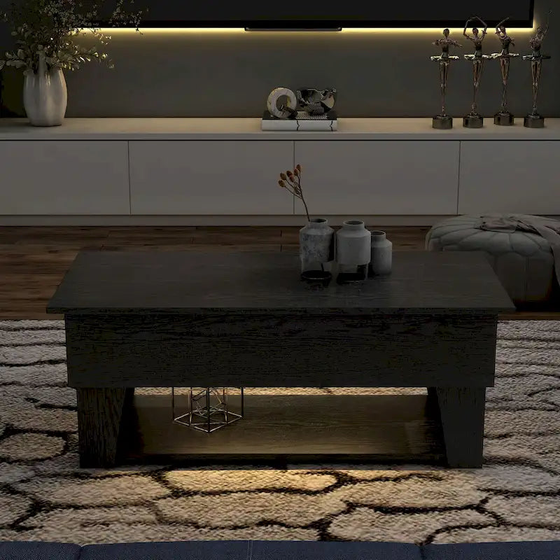 Black Lift-Top Coffee Table with LED Lighting and Hidden Storage Compartment