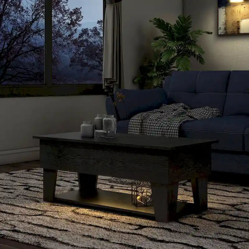 Black Lift-Top Coffee Table with LED Lighting and Hidden Storage Compartment
