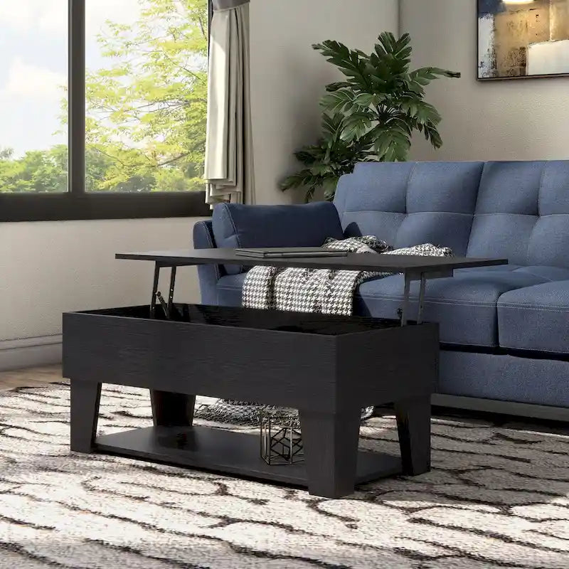 Black Lift-Top Coffee Table with LED Lighting and Hidden Storage Compartment