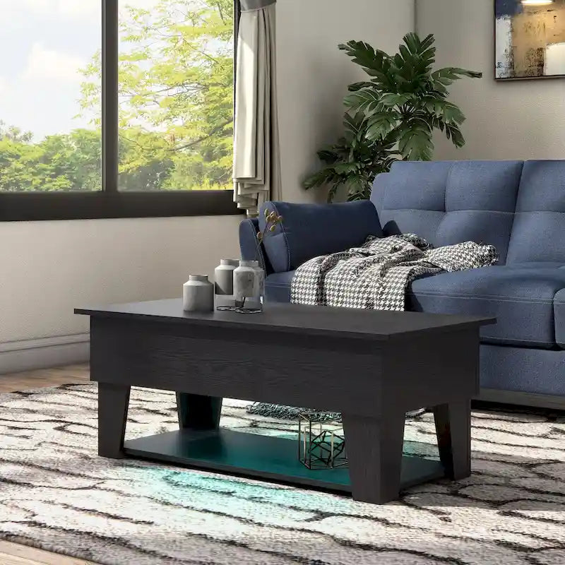 Black Lift-Top Coffee Table with LED Lighting and Hidden Storage Compartment