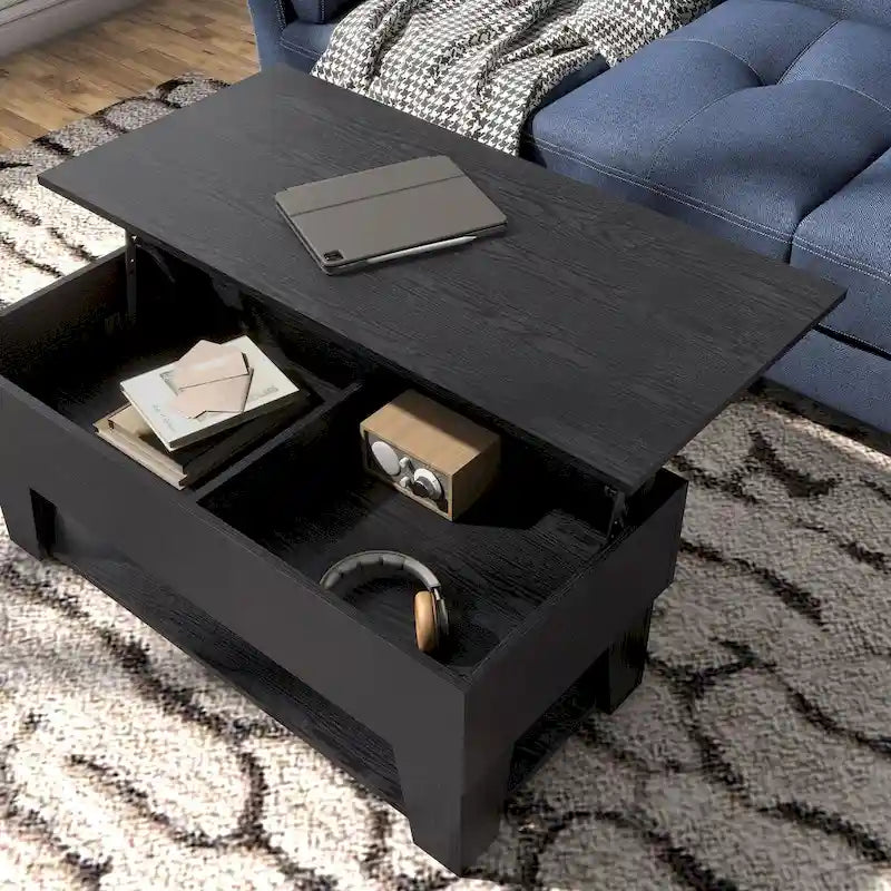 Black Lift-Top Coffee Table with LED Lighting and Hidden Storage Compartment