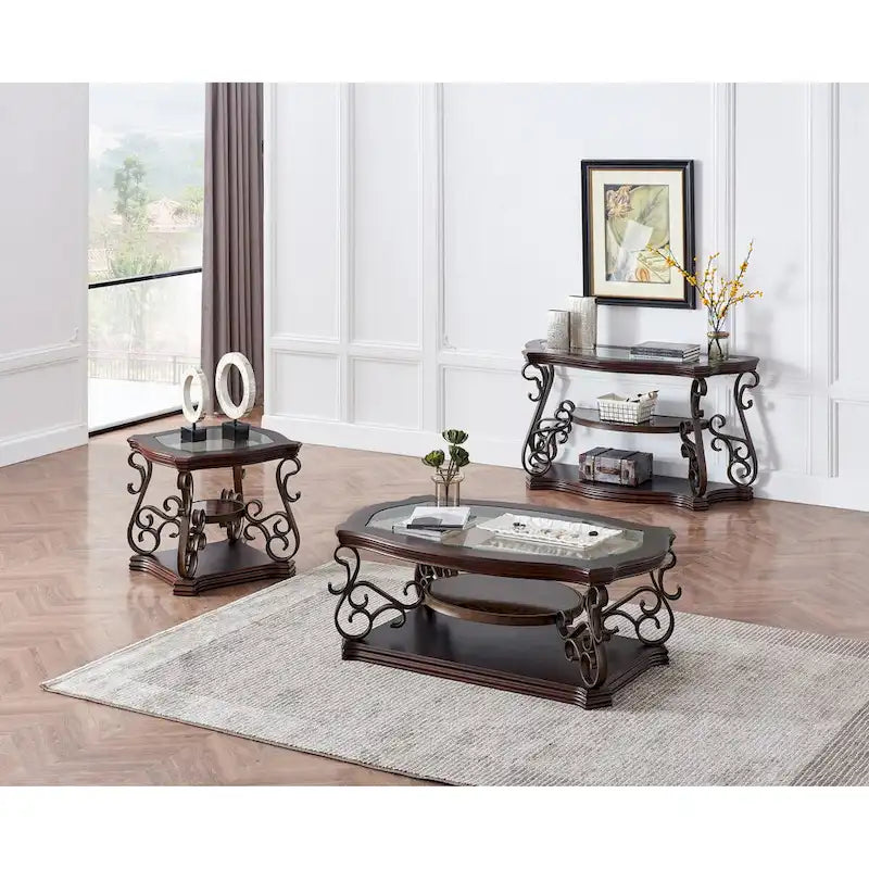 Traditional Tempered Glass Top Table Set with Coffee Table, Console Table, End Table, and Retro Metal Legs