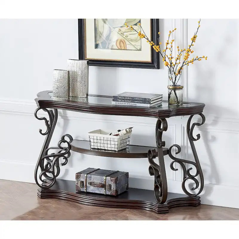 Traditional Tempered Glass Top Table Set with Coffee Table, Console Table, End Table, and Retro Metal Legs