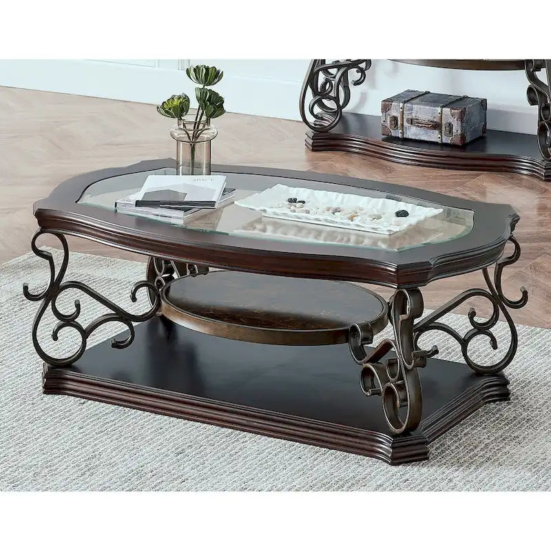 Traditional Tempered Glass Top Table Set with Coffee Table, Console Table, End Table, and Retro Metal Legs