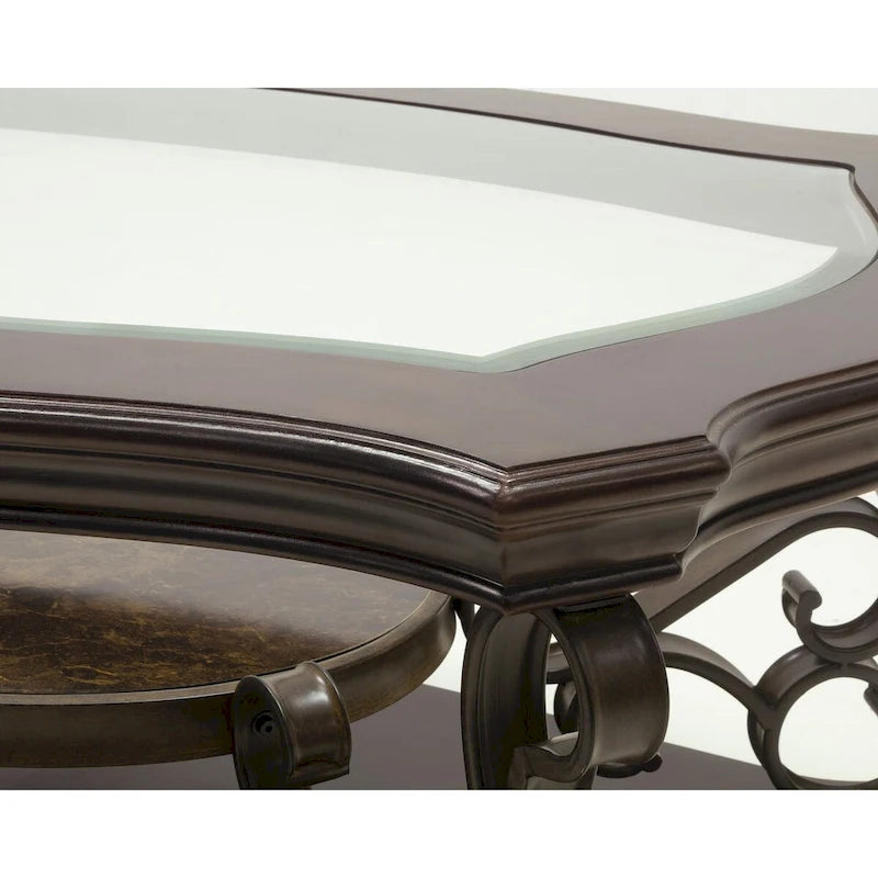 Traditional Tempered Glass Top Table Set with Coffee Table, Console Table, End Table, and Retro Metal Legs