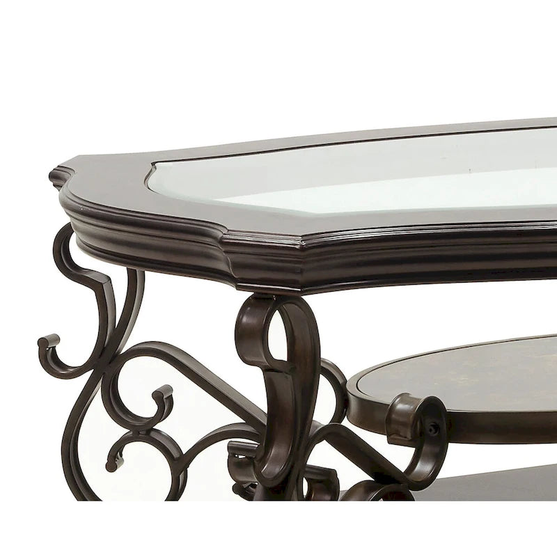 Traditional Tempered Glass Top Table Set with Coffee Table, Console Table, End Table, and Retro Metal Legs