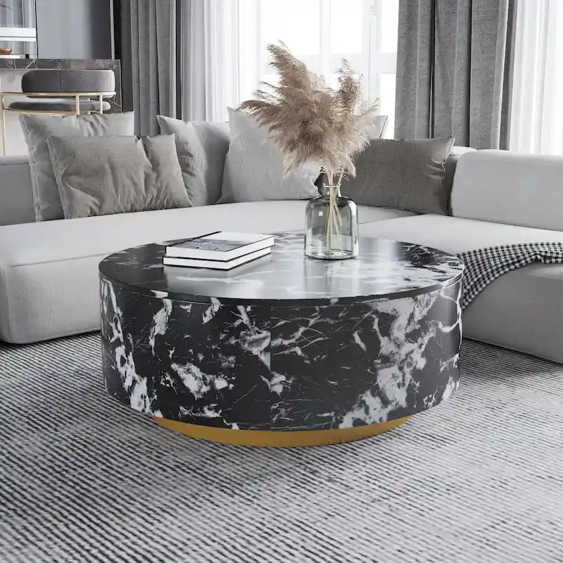 Tavolino rotondo in marmo grigio scuro con cassetti e base in metallo dorato